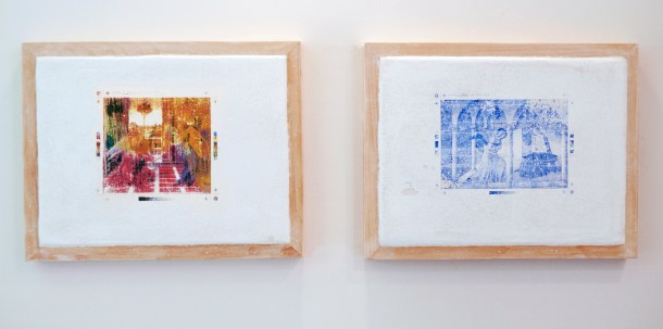 Christopher Carroll, Untitled Fresco Panel 1 (Botticelli ) & 2 (Fra Angelica), fresco and raw pigment, 14.5" x 18.5" each, 2013