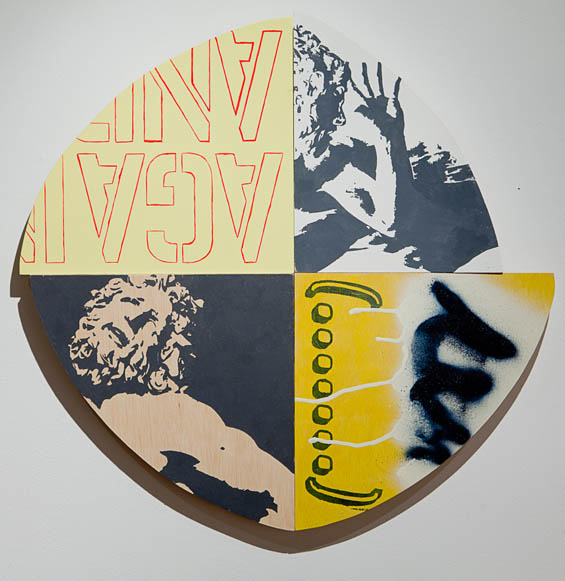 Kristin Bauer, And Again, acrylic and aerosol and ink on panel, 24" x 25", 2013.