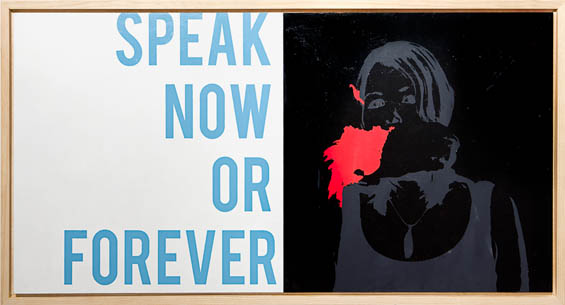 Kristin Bauer, Speak Now, acrylic and aerosol on panel, 24" x 48" x 2.5", 2013.
