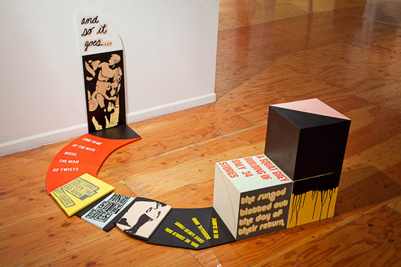 Kristin Bauer, The Thread of Your Undoing, acrylic, aerosol, ink and wood, 35" x 13" x 52" (dimension variable), 2013.