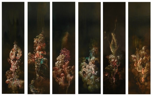Nicole Duennebier, Hydnellum Myriorama, acrylic on 6 individual panels, 48"x12" each, 2013