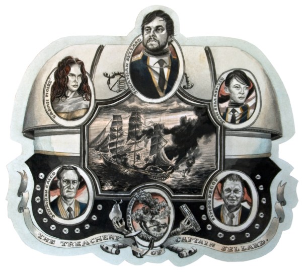 Eric Petitti, The Treachery of Captain Sellard, ink, watercolor, and graphite on paper, 15" x 10".