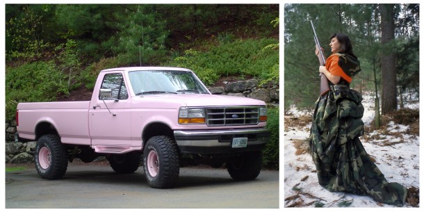 (Left) Sugar, Modified F150 pickup truck and cast silicone accessories, 4000 lbs, 2000. (Right) ain't she sweet...Hunting to Kill, Sewn parachute nylon, documentation of feminine hunting attire from the series based off a constructed alter ego and various feminized hunting paraphernalia, 2000. 