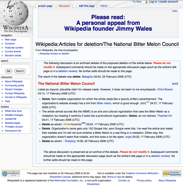 The NBMC Enters/Exits Wikipedia, a National Bitter Melon Council Intervention, 2008. (screenshot)
