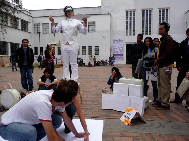 Andi Sutton, White on White (a.k.a. W.o.W. and Win!) A Site-specific, Participatory Performance Event, 2009. Performed at the international performance festival and conference, “Staging Citizenship: Cultural Rights in the America’s”, Hemispheric Institute for Performance and Politics: 7th Encuentro, Universidad Nacional, Bogota, Colombia, August, 2009 Universidad Nacional de Bogota, Bogota, Colombia, August 2009 South End Studios, Boston, Massachusetts, USA, July 2009 Mobius Gallery, Boston, Massachusetts, USA, April 2008.