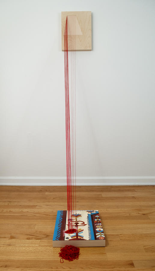 Sara Jones, The Future of Illusion, acrylic, gouache and thread on panel, 64" x 11" x 40", 2012.
