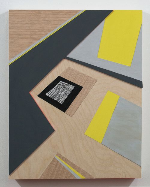 Sara Jones, Coincidental Monument acrylic, veneer and embroidery on panel, 14" x 11", 2013.