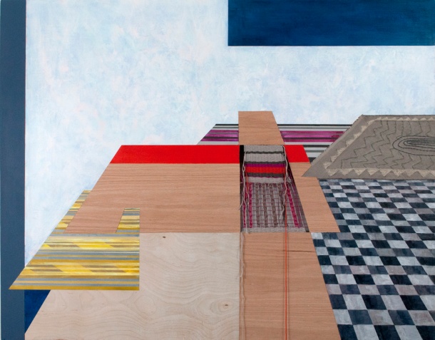 Sara Jones, Outside Perspective, acrylic, gouache, veneer, thread, and hand-embroidered linen on panel, 32" x 40", 2014.