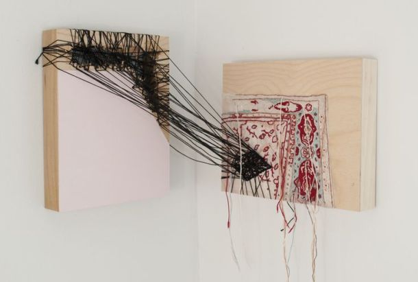 Sara Jones, Perhaps it is Done Already, acrylic, thread, and muslin on panel, 10” x 12” x 14”, 2012.