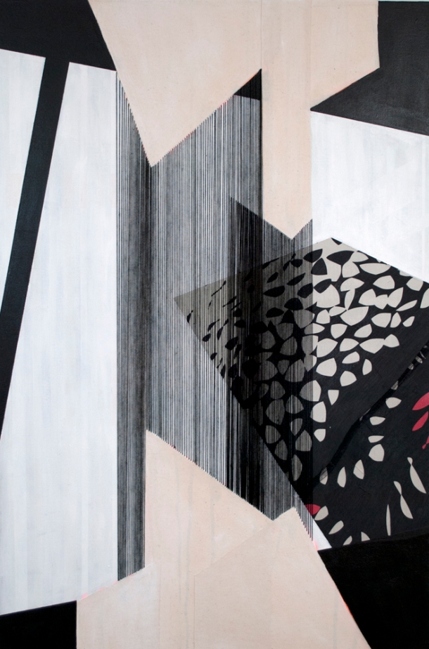 Sara Jones, Inconvenient Responsibility, acrylic, fabric and thread on canvas, 36" x 24", 2013.