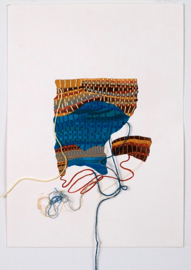 Sara Jones, Woven, gouache and thread on paper, 15" x 11", 2014.